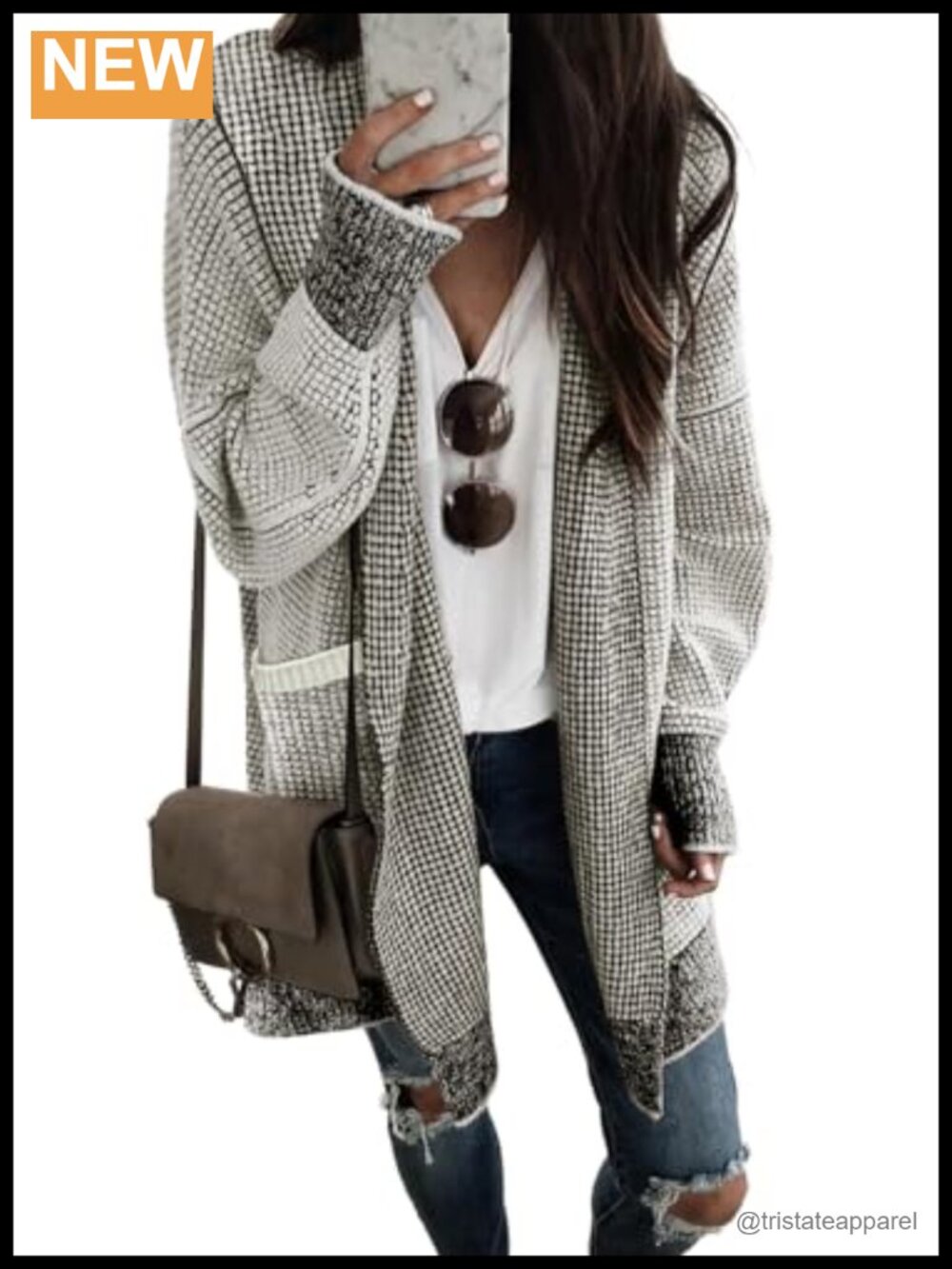Open Front Hooded Cardigan Sweater Plaid Knit Fall Winter